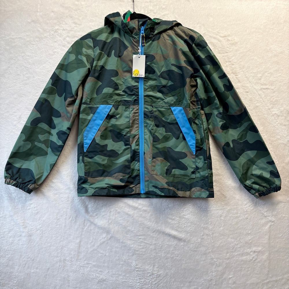 NWT Mini Boden Kids Camouflage Hooded Rain Jacket Blue‎ Trim Size 11-12Y Lined